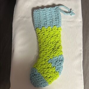 Handmade Blue and Green Knit Stocking